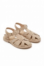 Women Beige Suede Cage Sandals Elegant Strappy Block Heel Shoes Photograph-3